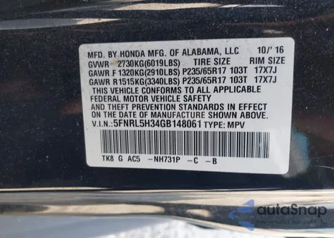 2016 Honda Odyssey Se из США, поврежденный, VIN 5FNRL5H34GB148061